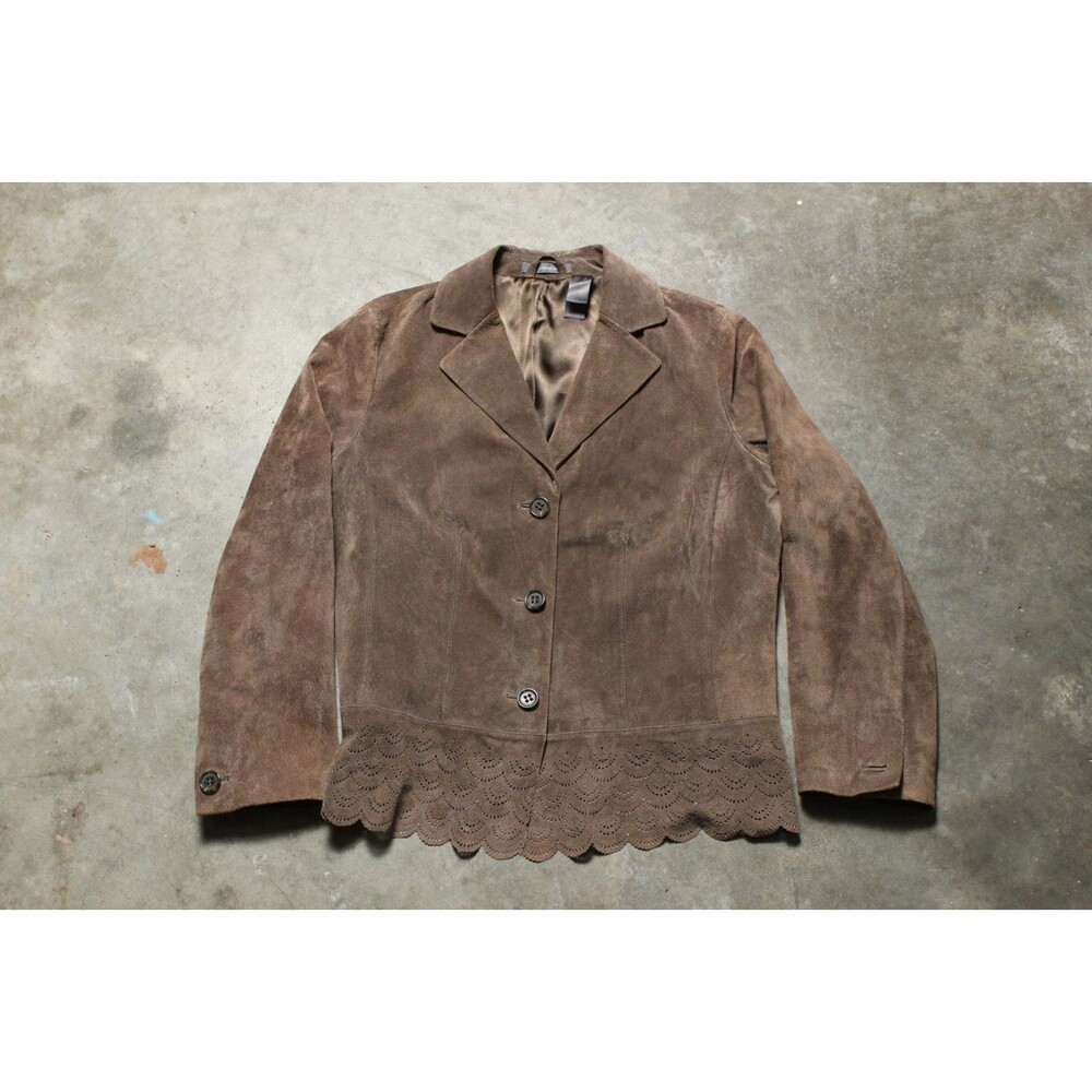 Vintage Y2k Liz Claiborne Brown Suede Leather Blazer Jacket XL - Missing Button